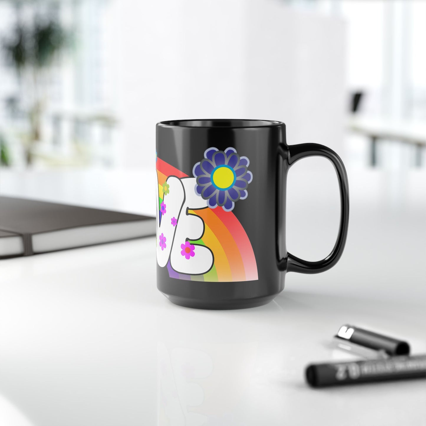 Love Rainbow 70s Flower Power Black 15oz Mug