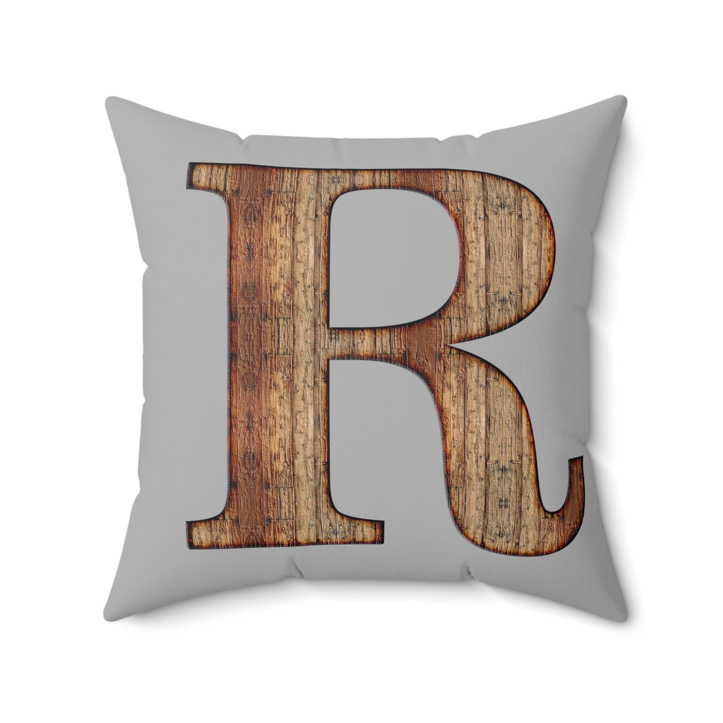 Wooden Monogram 'R' Decorative Throw Pillow - Rustic Farmhouse Accent