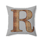 Wooden Monogram 'R' Decorative Throw Pillow - Rustic Farmhouse Accent
