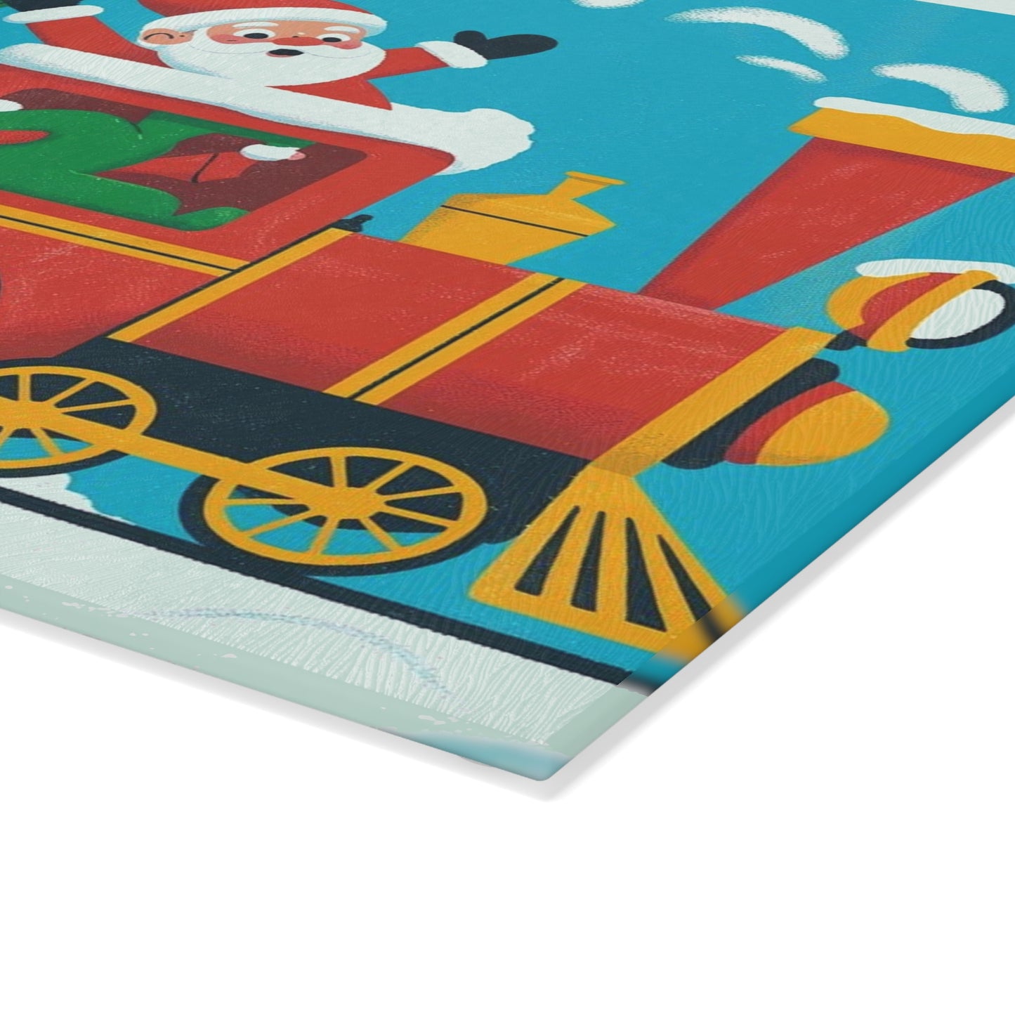 Christmas Santa Train Glass Cutting Board — Festive Holiday Kitchen Decor