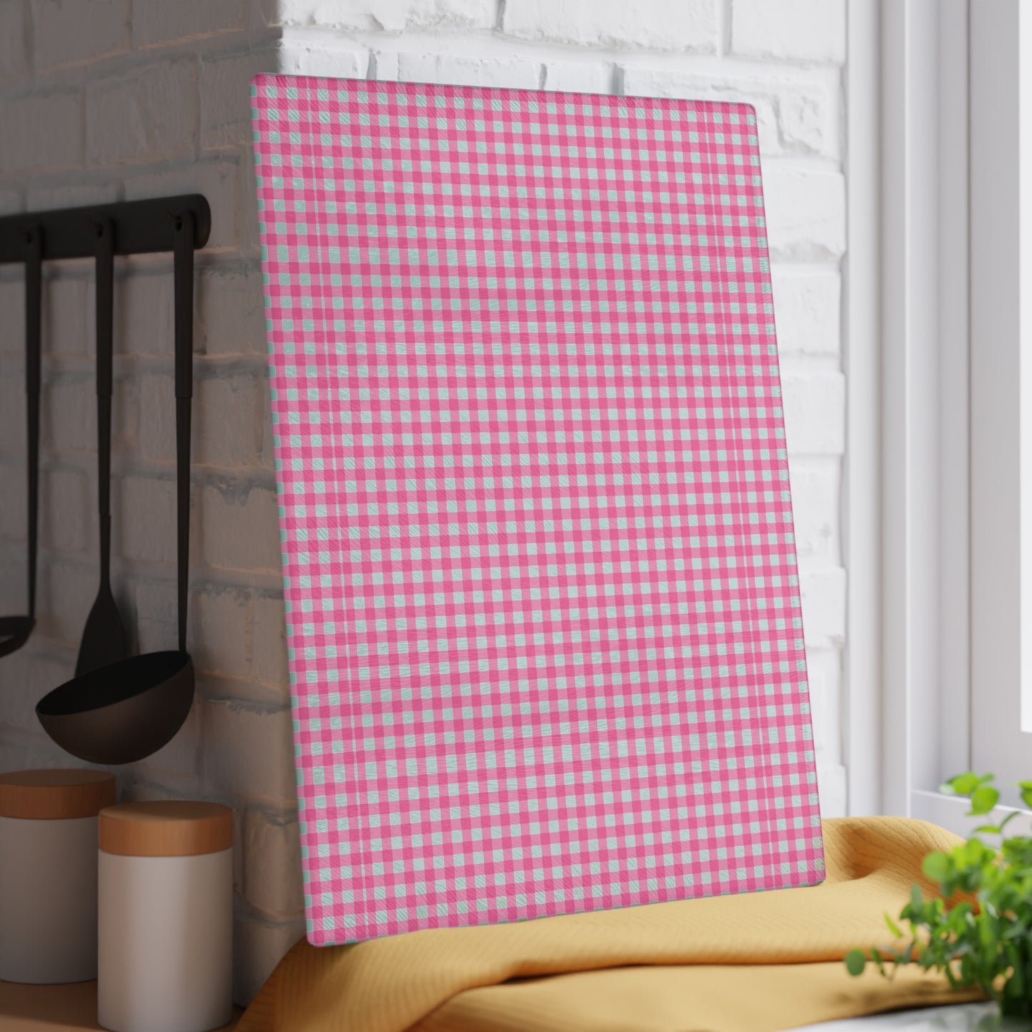 Pink Gingham Glass Cutting Board, Kitchen Decor, Cooking Gift, Housewarming Present, Farmhouse Style, Wedding Gift, Home Cook Essentials