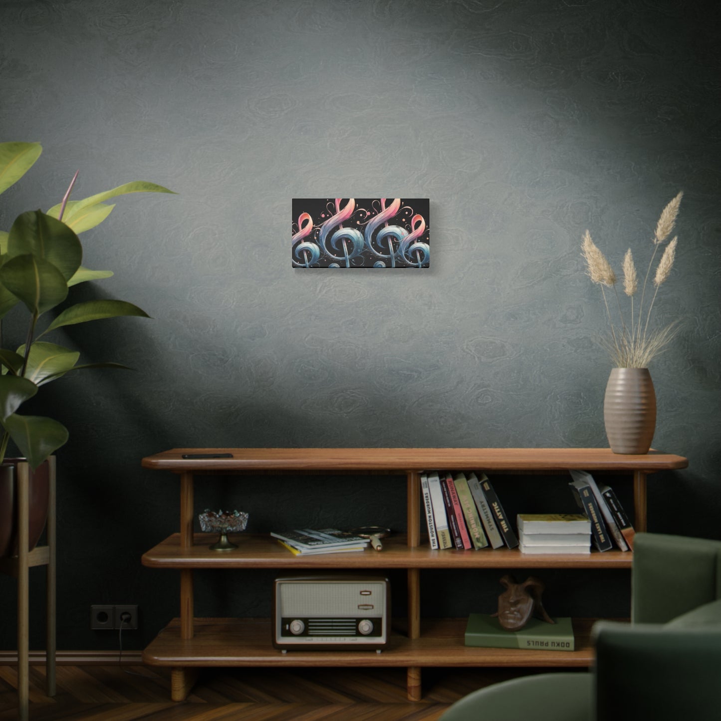 Musical Treble Clef Canvas Wall Art — Pastel Ribbon Notes on Black