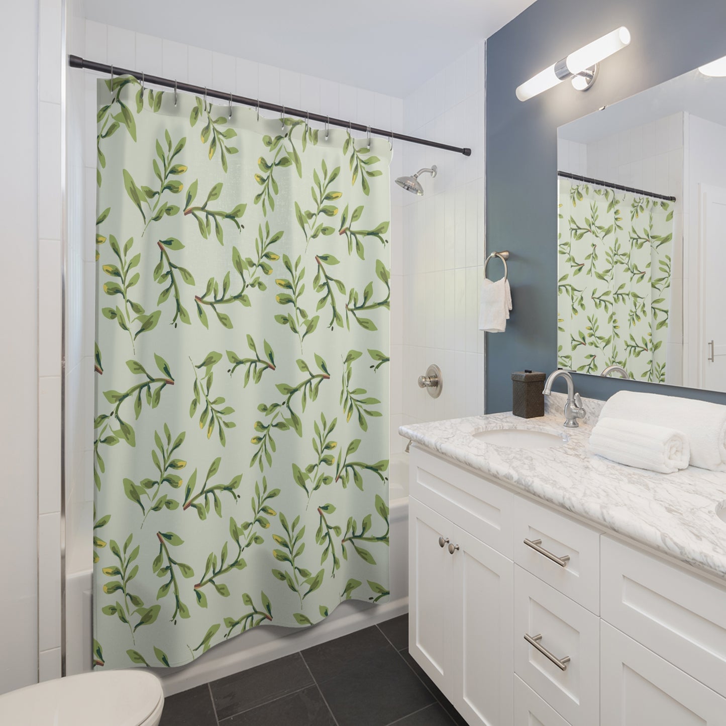 Botanical Leaf Shower Curtain — Watercolor Green Branch Bathroom Decor