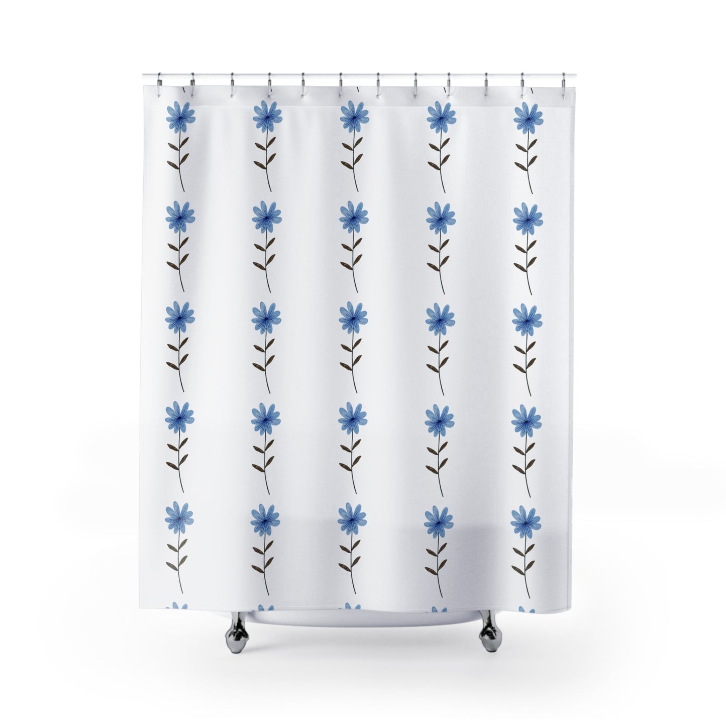 Blue Daisy Floral Shower Curtain — Simple Vertical Flower Pattern