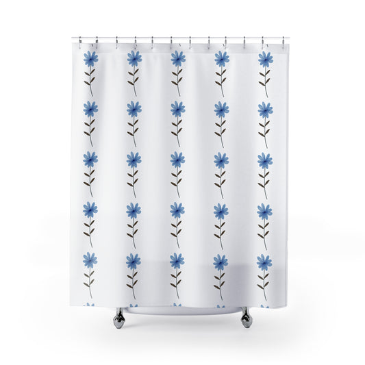 Blue Daisy Floral Shower Curtain — Simple Vertical Flower Pattern