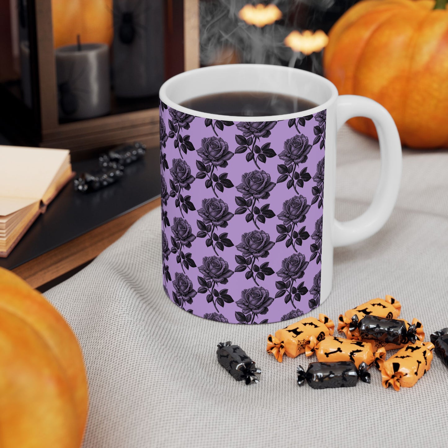 Elegant Black Rose Ceramic Mug, Floral Coffee Cup for Home, Office, Gift for Her, Romantic Tea Mug - 11oz, 15oz