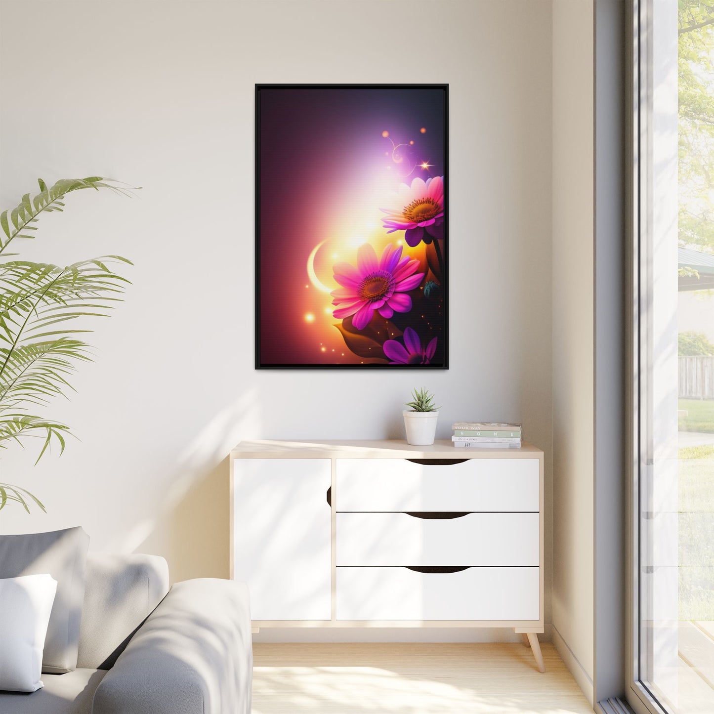 Framed Floral Canvas Art — Pink Daisies Sunset Wall Print