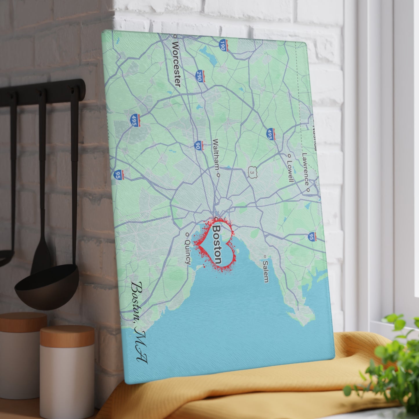 Boston Map Glass Cutting Board, Personalized Kitchen Decor, Gift for Boston Lovers, Wedding Registry, Home Cooking, Handmade Gift