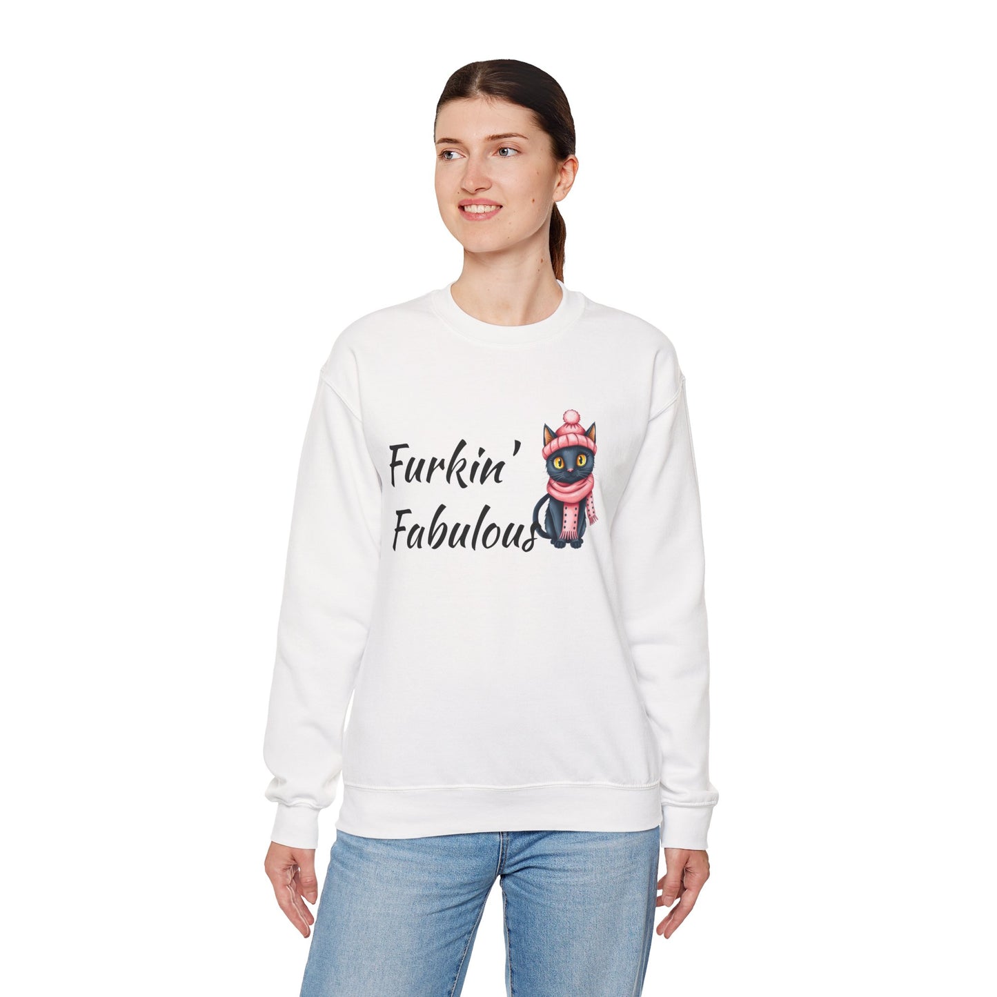 Crewneck Sweatshirt — "Furkin' Fabulous" Cute Black Cat in Pink Hat & Scarf