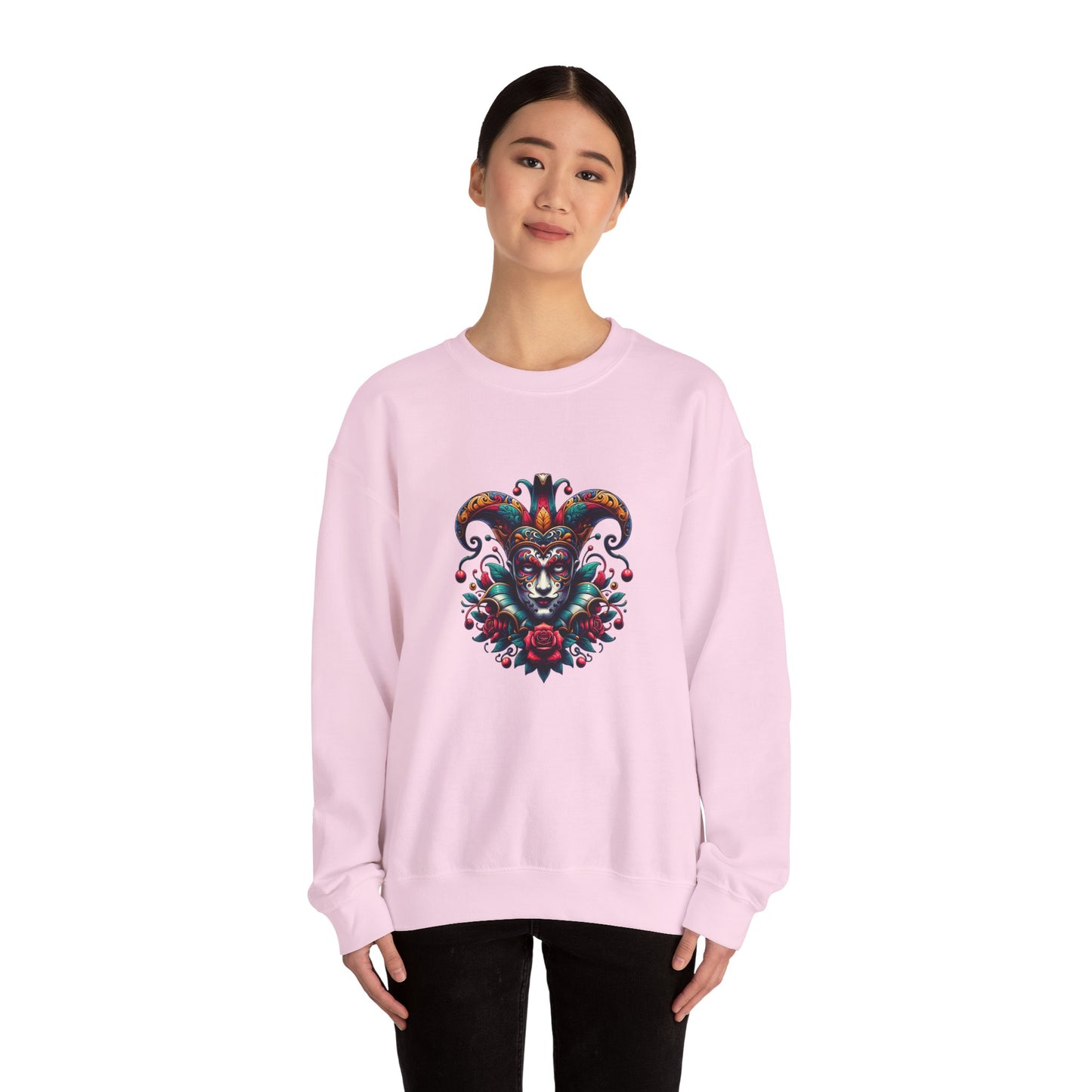 Colorful Jester Sweatshirt, Unisex Heavy Blend Crewneck, Unique Art Apparel, Trendy Fashion, Cozy Gift for Adults
