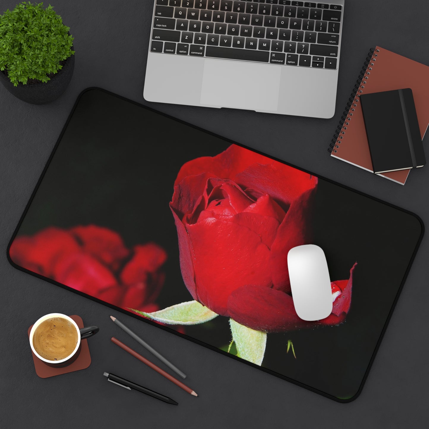 Rose Bloom Desk Mat — Red Rose Floral Mouse Pad for Office & Valentine’s Day
