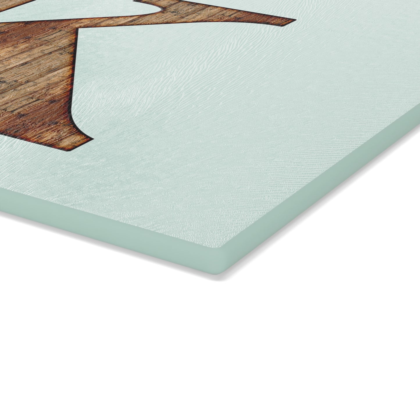 Monogram 'K' Glass Cutting Board — Rustic Wood Letter on Mint Background