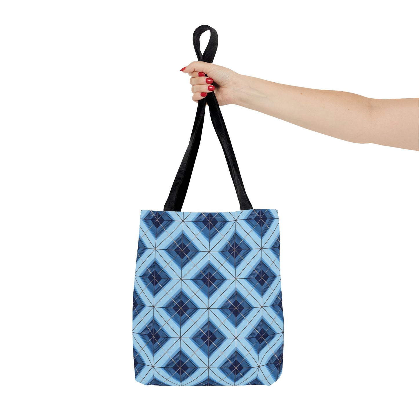 Blue Geometric Tote Bag — Repeating Diamond Pattern AOP