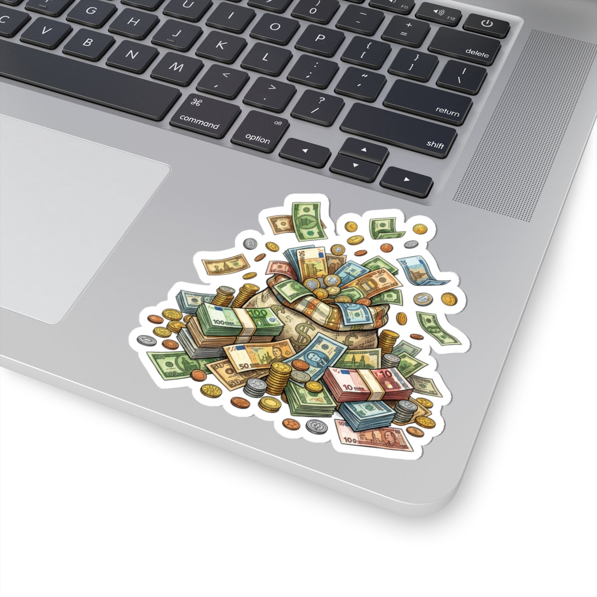 Money Pile Sticker — Cash & Coins Decorative Kiss-Cut Decal for Laptops, Journals & Wallets