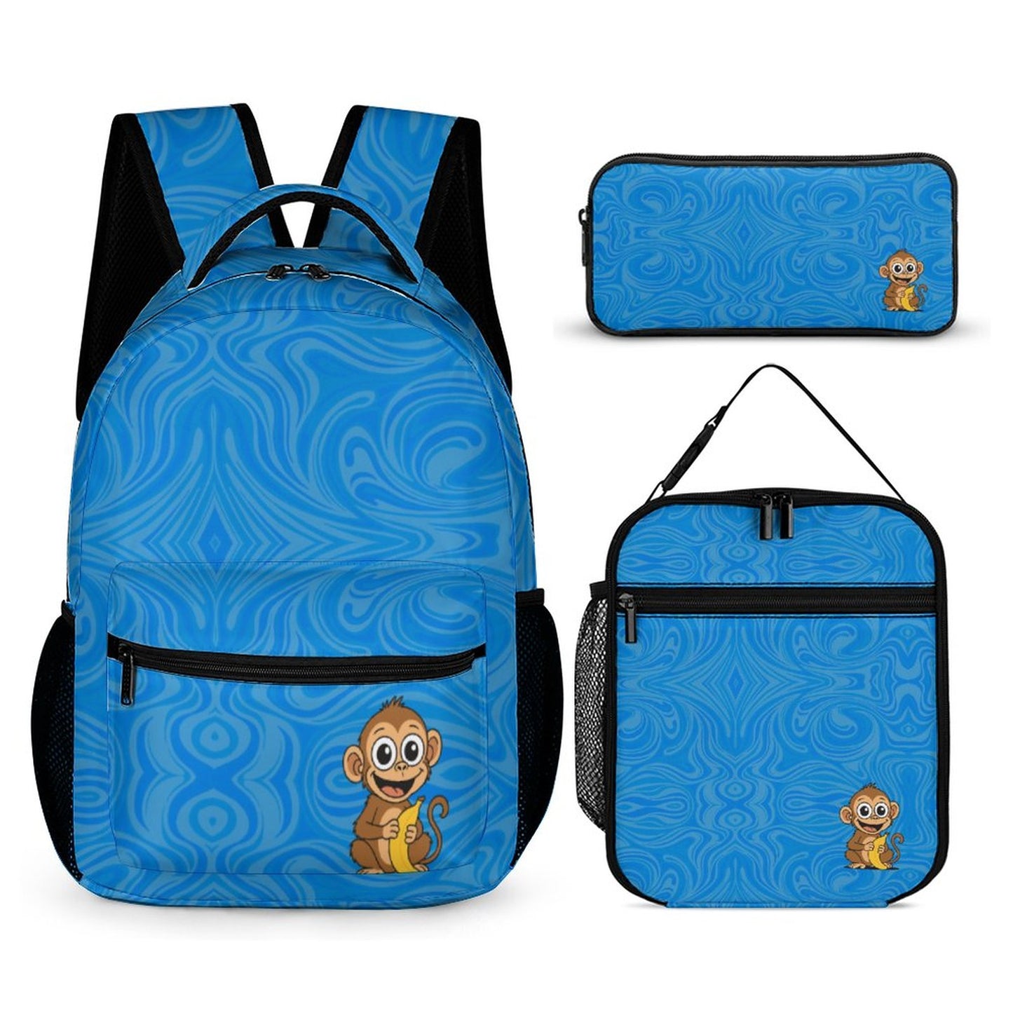 3 Pcs School Backpack Set for Kids (Backpack, Kid's Insulated Lunch Bag & Pencil Case Organizer) Monkey