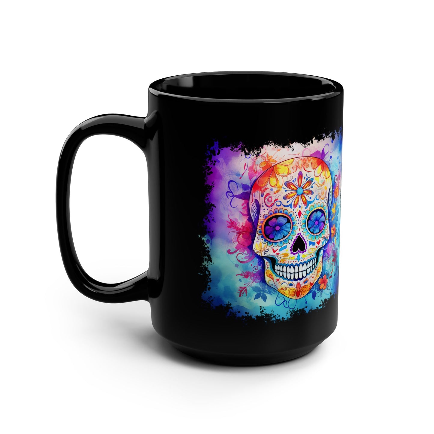 15oz Black Mug — Colorful Watercolor Sugar Skull Coffee Cup