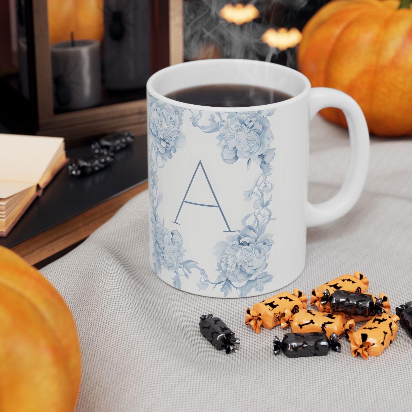 Blue Floral Monogram Ceramic Mug (11oz/15oz)