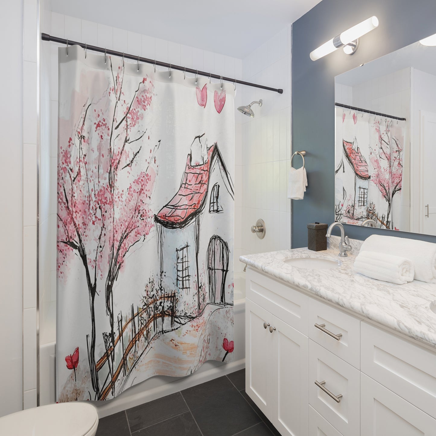 Charming Cottage Pink Blossom Shower Curtain