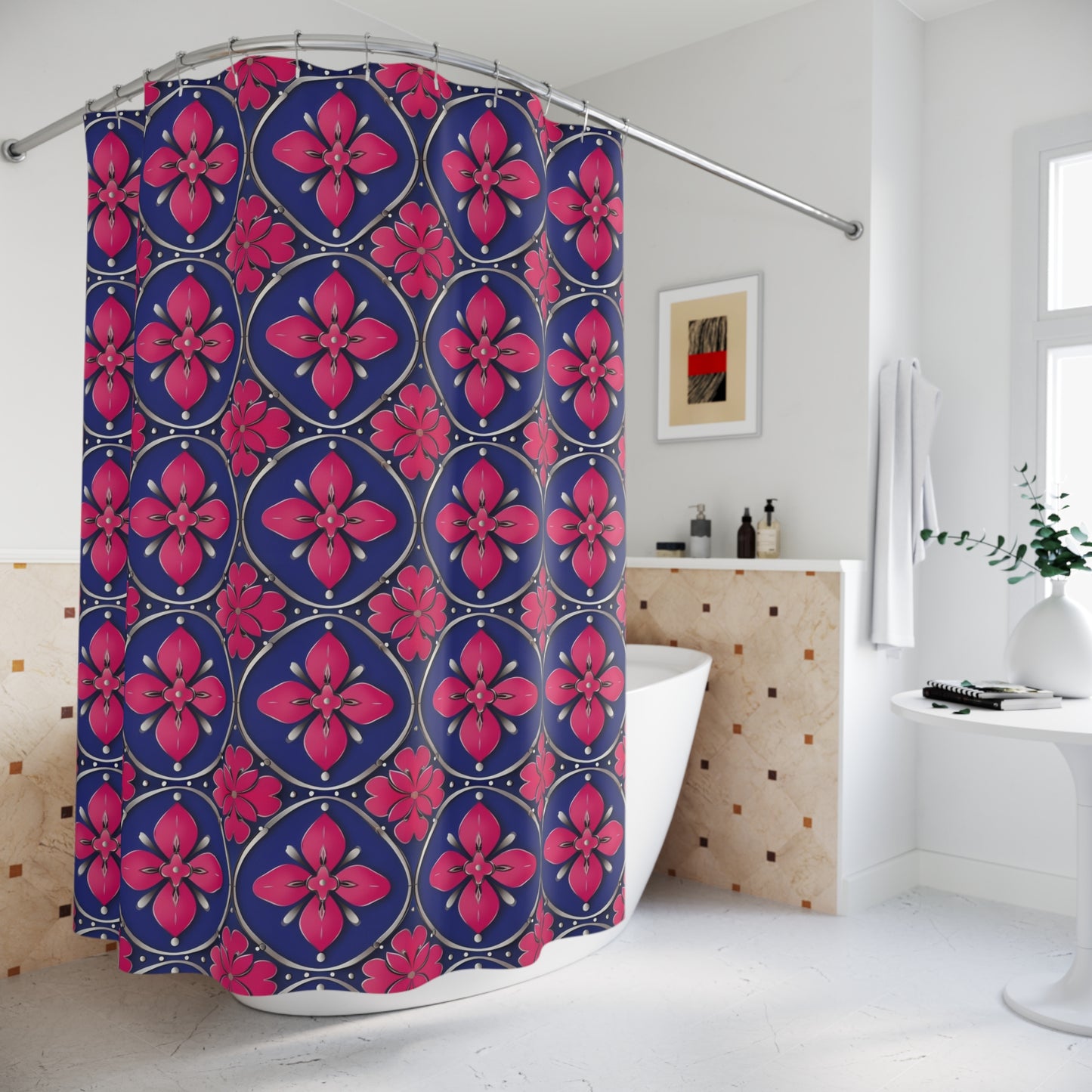 Floral Tile Shower Curtain — Navy & Fuchsia Patterned Bath Decor