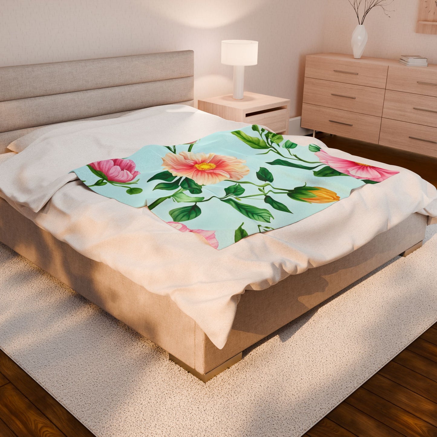 Floral Velveteen Plush Blanket — Pastel Pink & Mint Flower Throw