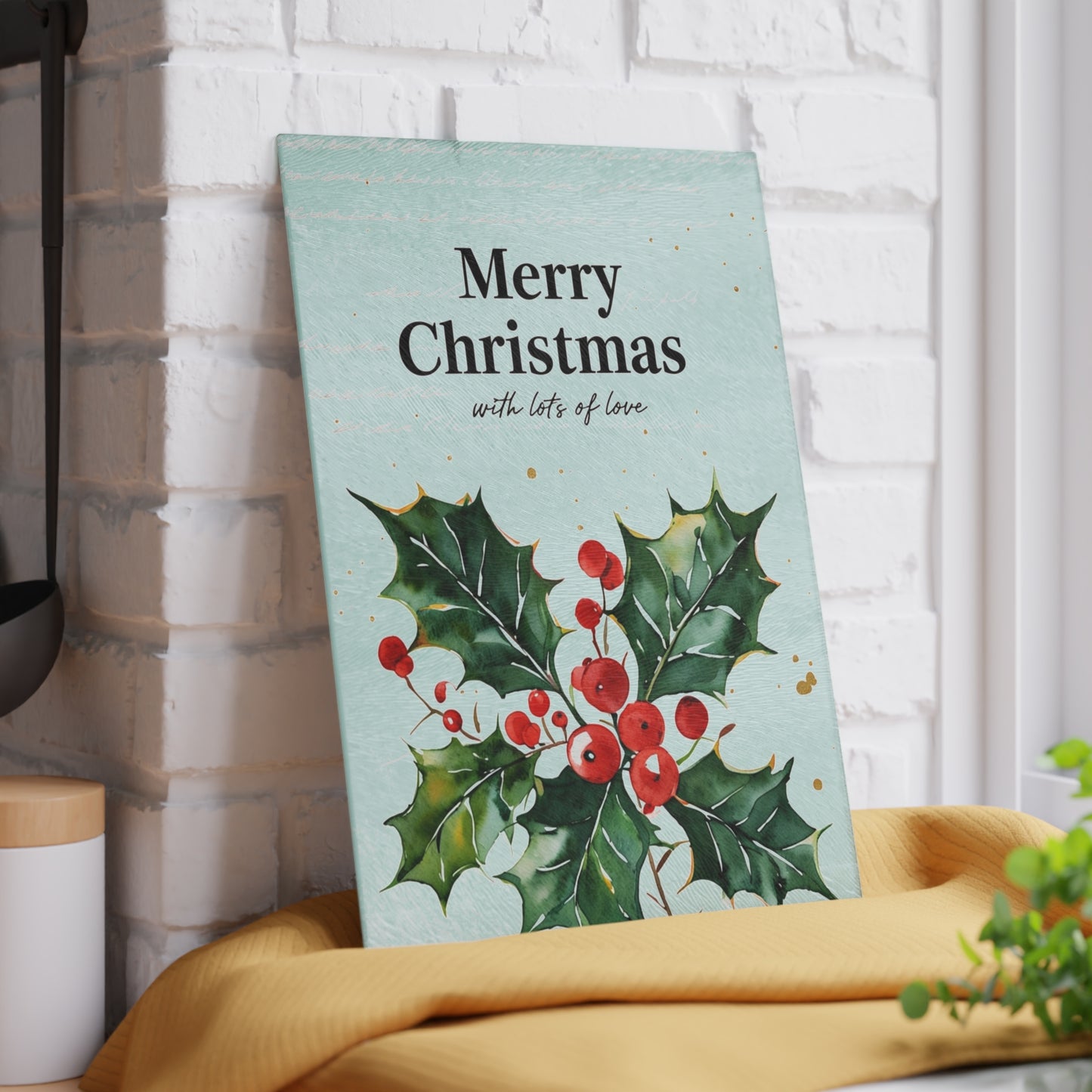 Christmas Holly Glass Cutting Board - "Merry Christmas" Holiday Kitchen Decor