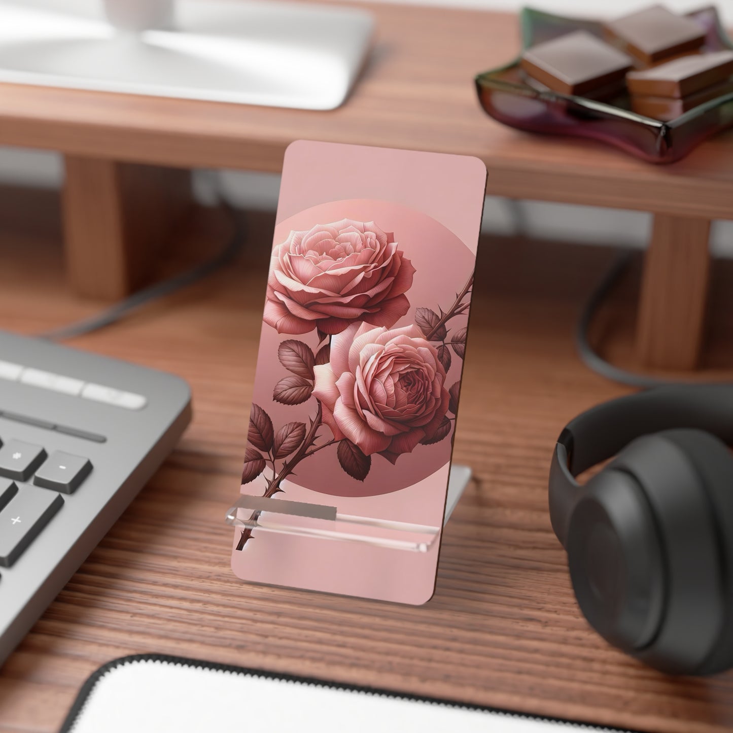 Rose Floral Mobile Display Stand, Phone Holder, Desk Organizer, Cute Gift for Her, Home Decor, Office Accessory