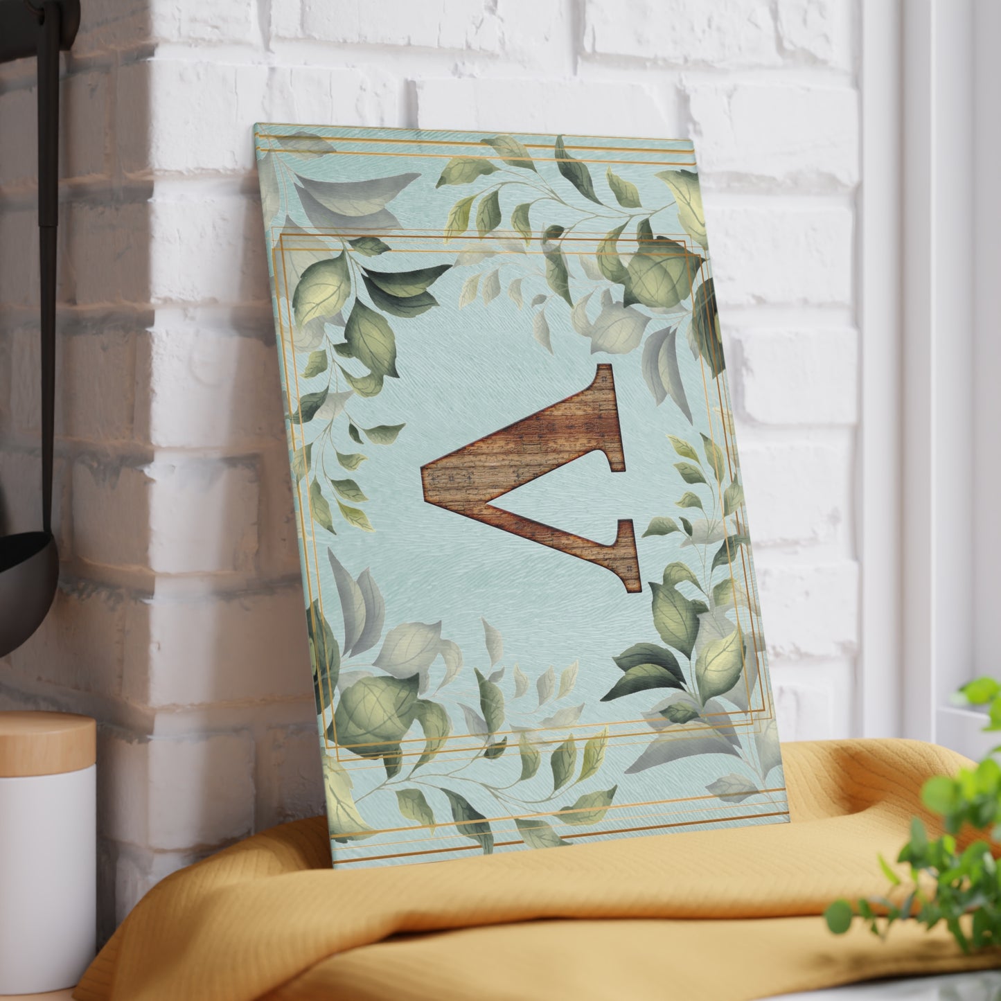 Monogram Glass Cutting Board — Rustic Wood “V” with Greenery Border
