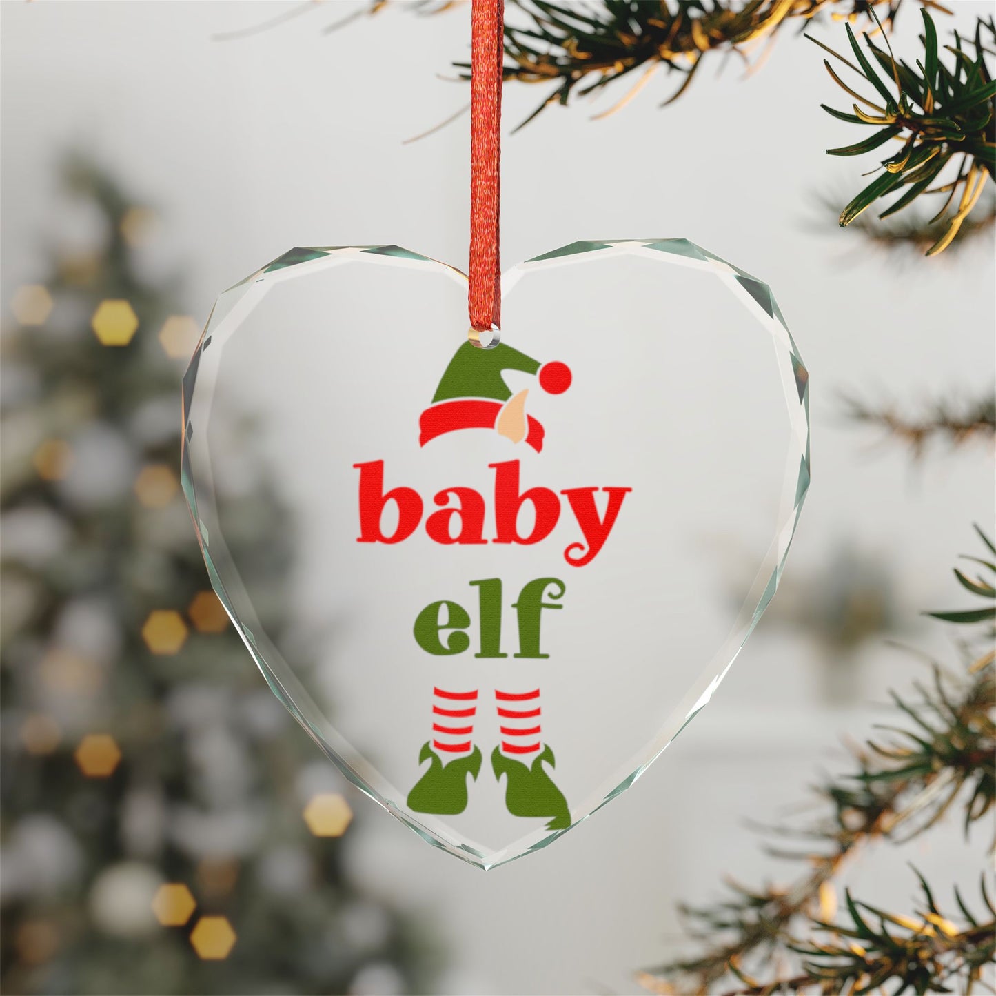 Baby Elf Heart Crystal Ornament — Personalized Christmas Tree Keepsake