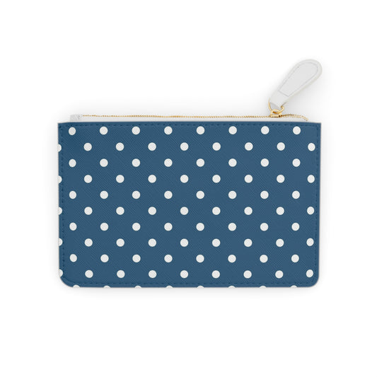 Polka Dot Mini Clutch Bag — Navy Blue White Dot Zip Pouch