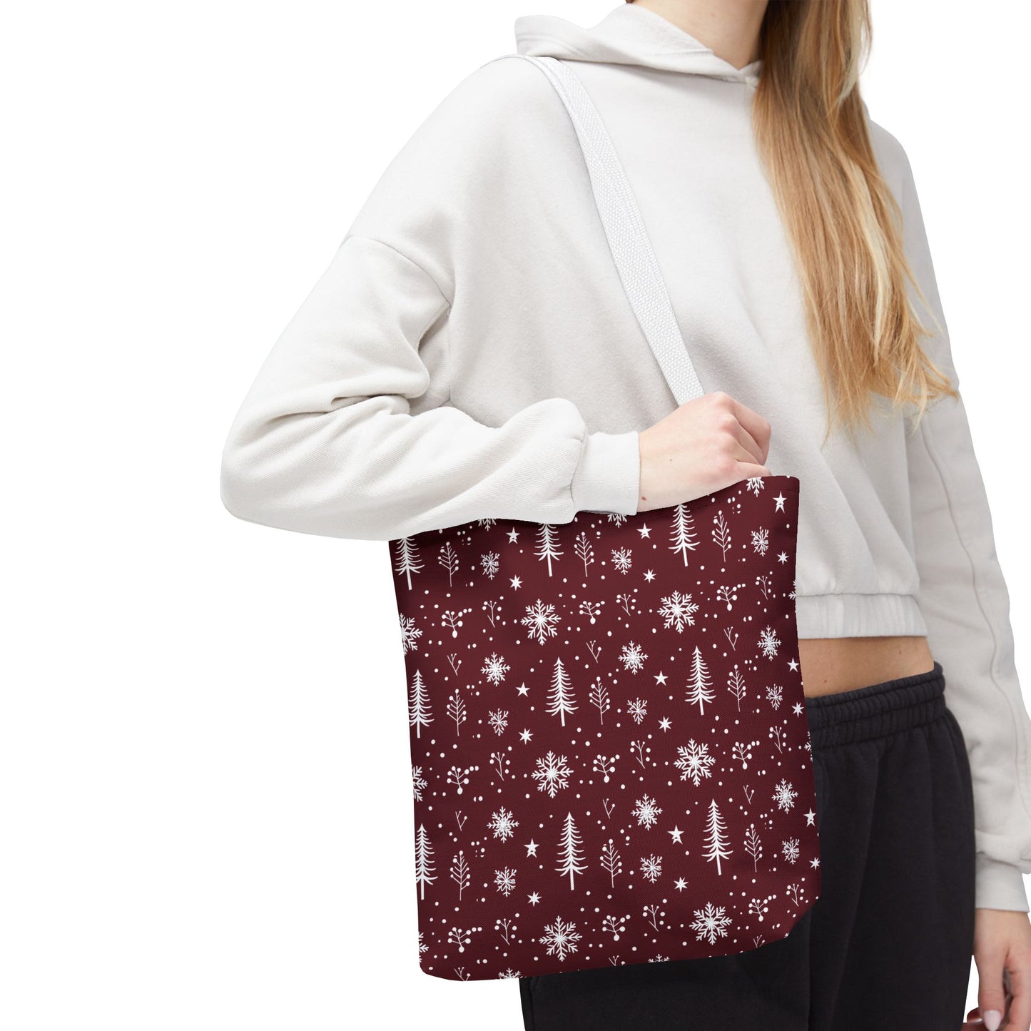 Christmas Snowflake Tote Bag – Burgundy Holiday Patterned Carryall