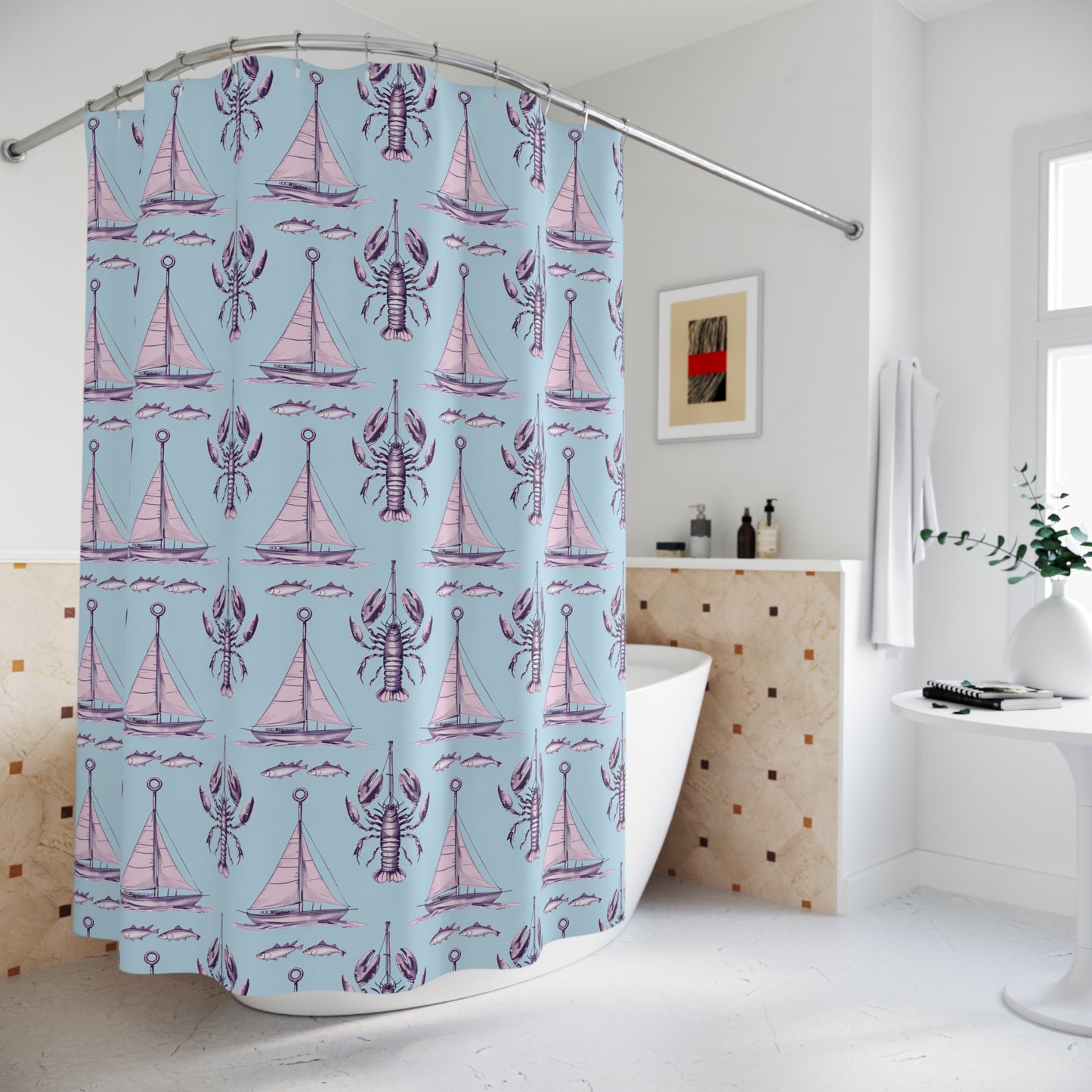Nautical Lobster & Sailboat Shower Curtain — Pastel Blue Coastal Bathroom Decor