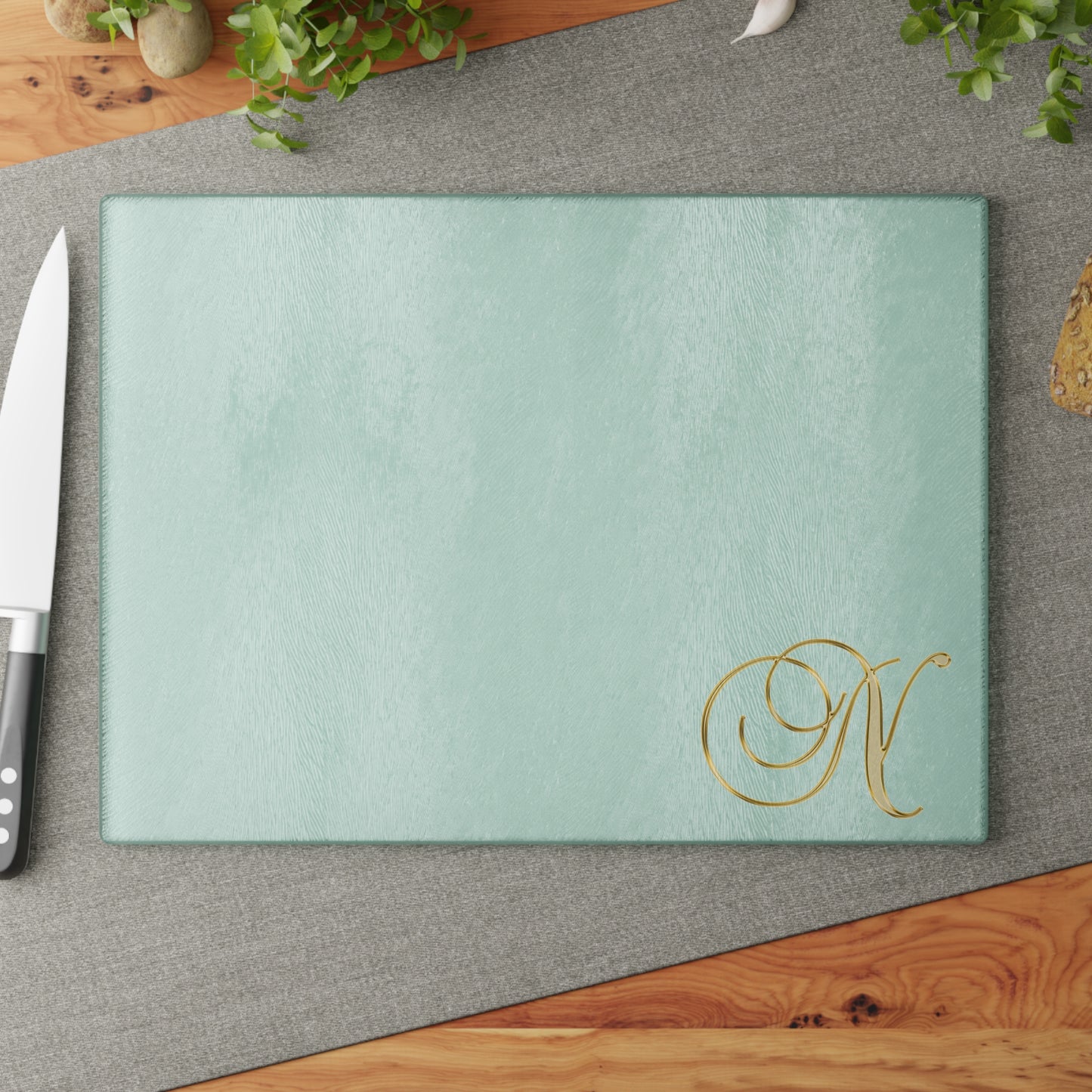 Monogram Glass Cutting Board — Mint or Clear Tempered Glass with Gold Script "N"