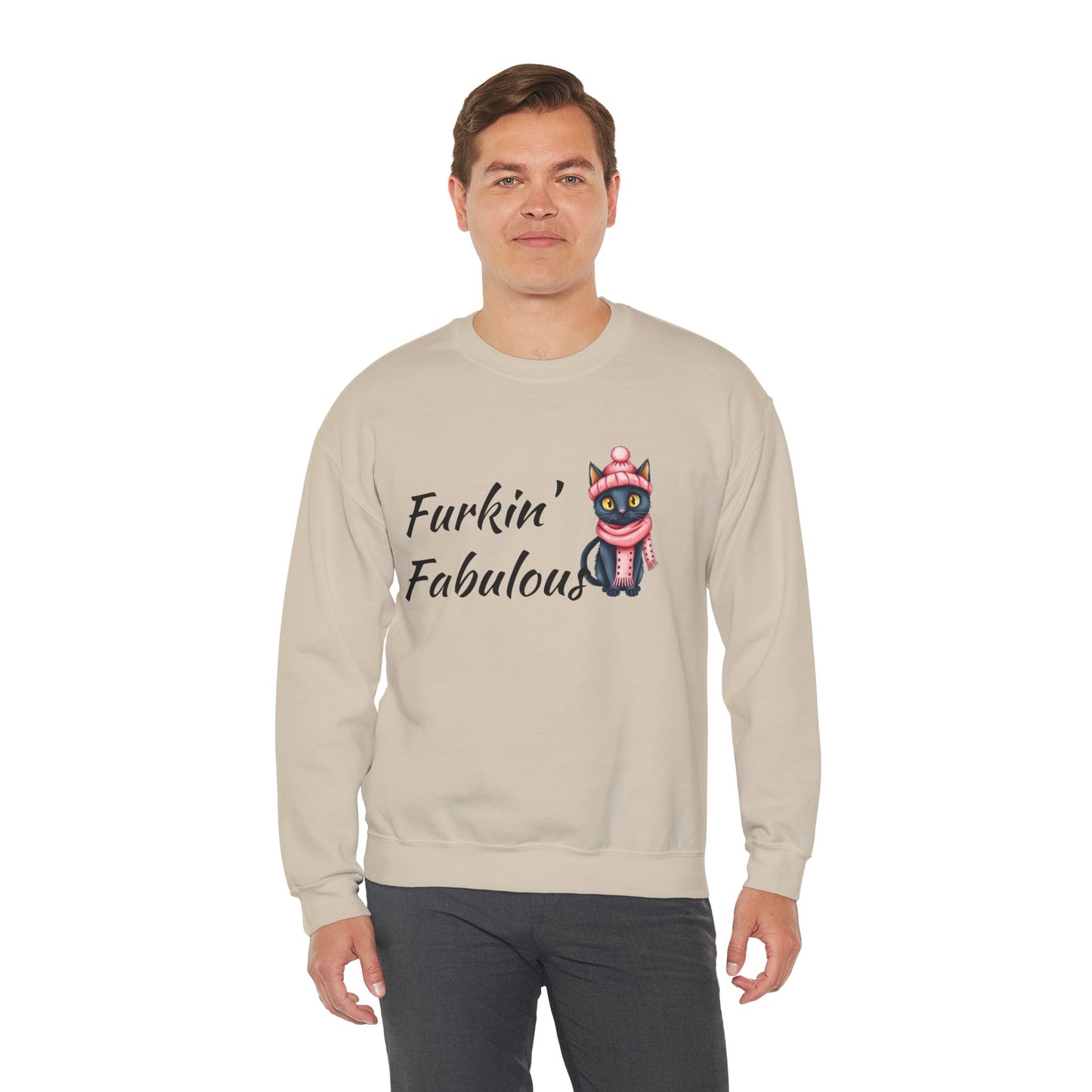 Crewneck Sweatshirt — "Furkin' Fabulous" Cute Black Cat in Pink Hat & Scarf