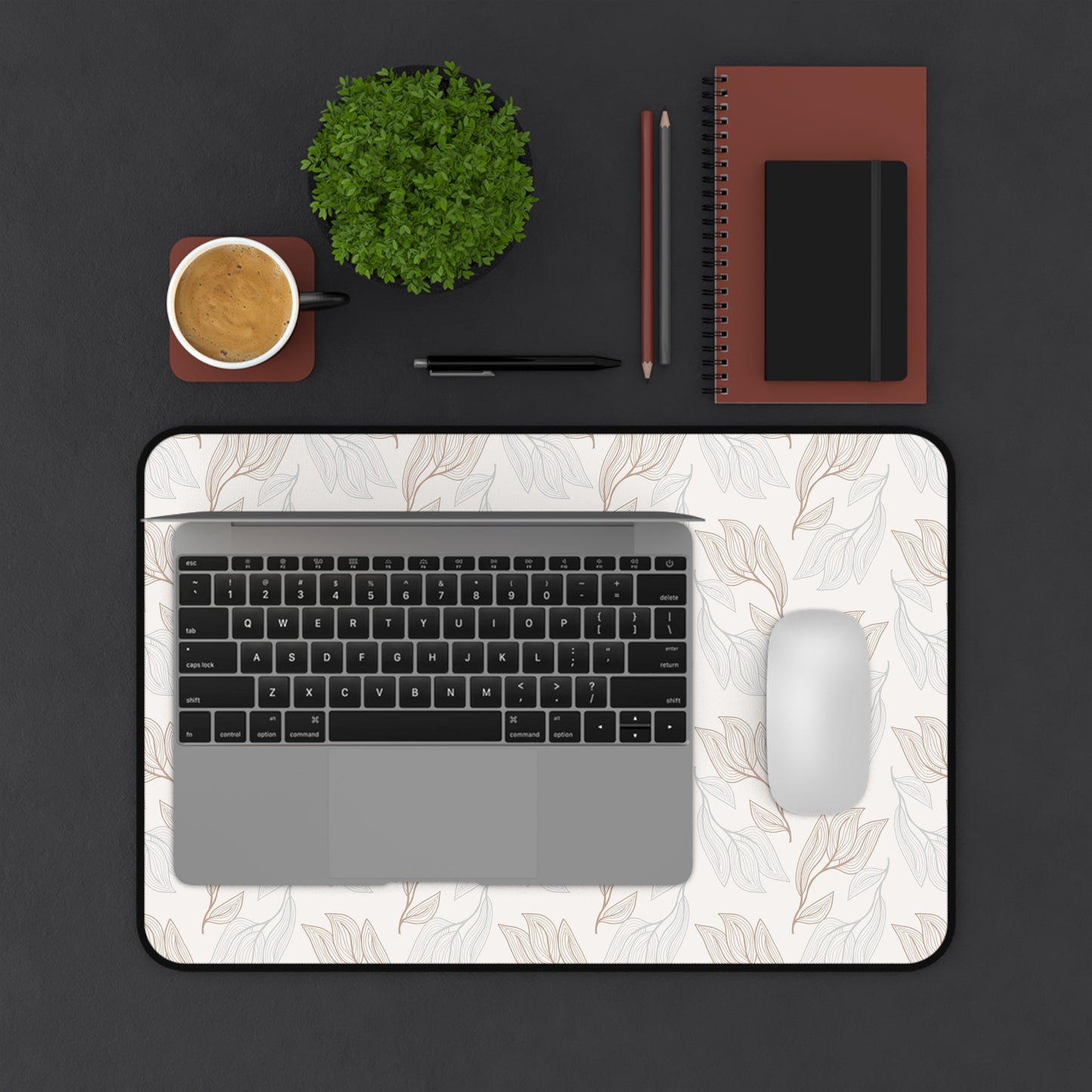 Desk Mat — Neutral Leaf Pattern Desk Mat (Beige Minimal Botanical Mousepad)