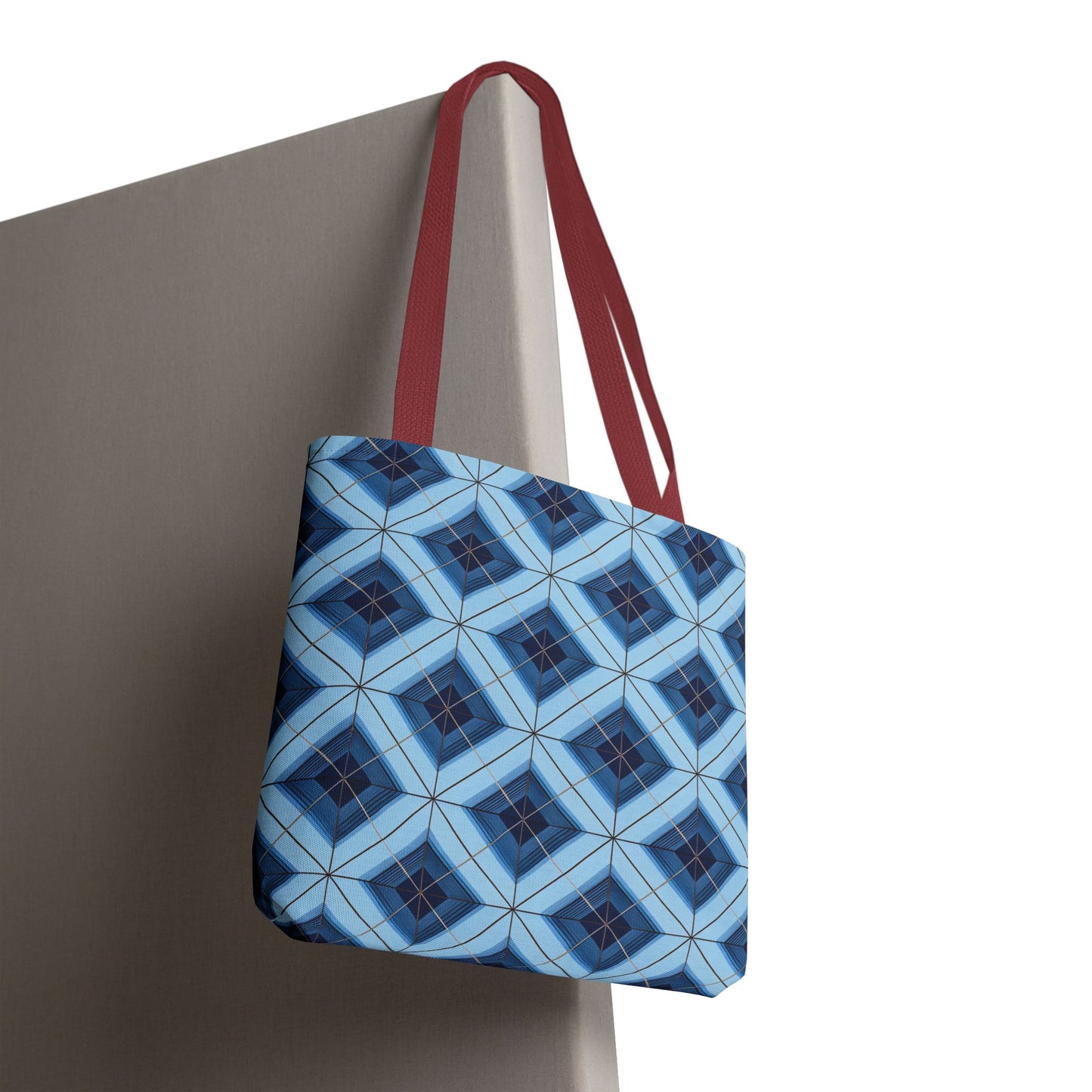 Blue Geometric Tote Bag — Repeating Diamond Pattern AOP