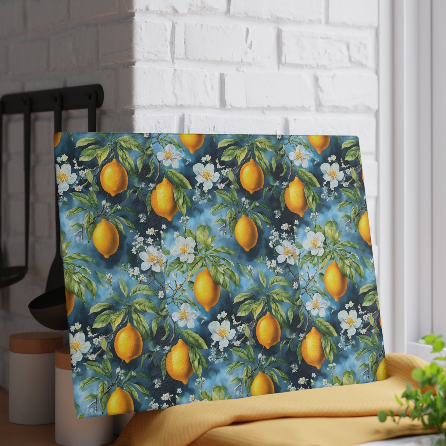 Lemon Blossom Glass Cutting Board — Citrus Kitchen Countertop Board