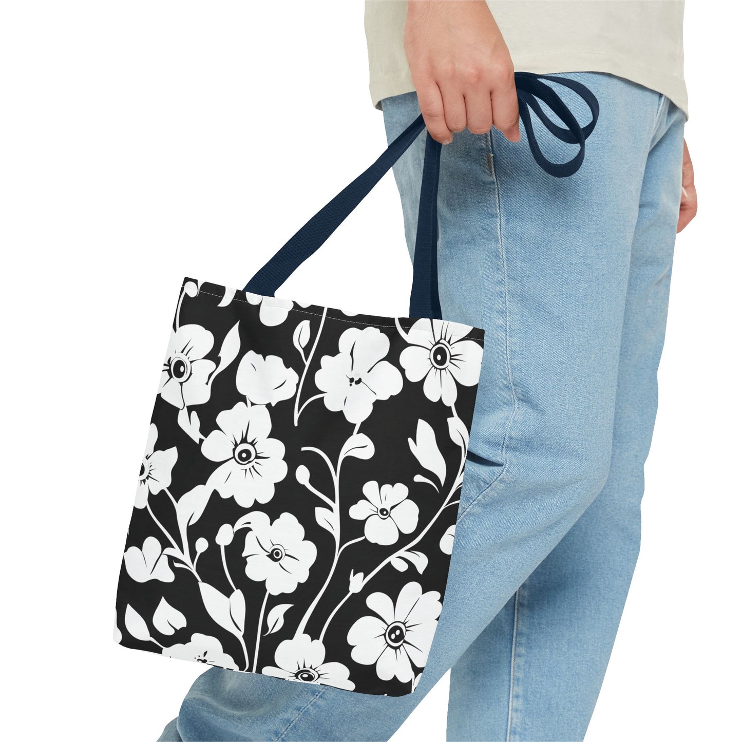 Elegant Floral Tote Bag, Black and White Tote, Eco-Friendly Shopping Bag