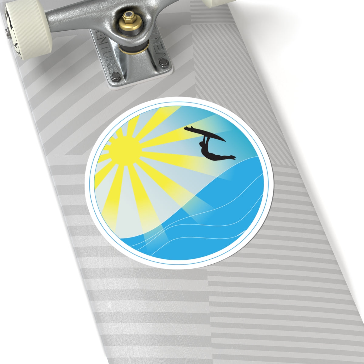 Surfer Sunset Kiss-Cut Sticker — Sun, Waves & Silhouette Vinyl Decal