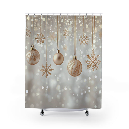 Gold Christmas Ornaments Shower Curtain — Holiday Snowflake Bathroom Decor