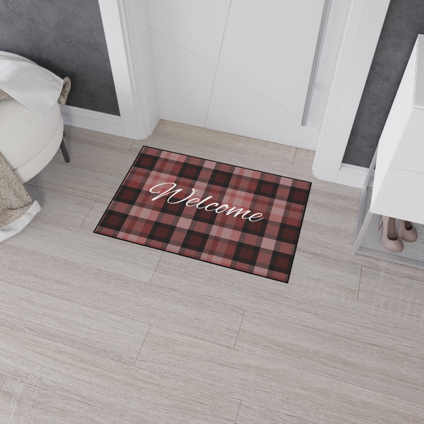 Welcome Plaid Heavy-Duty Floor Mat — Red Buffalo Check Doormat