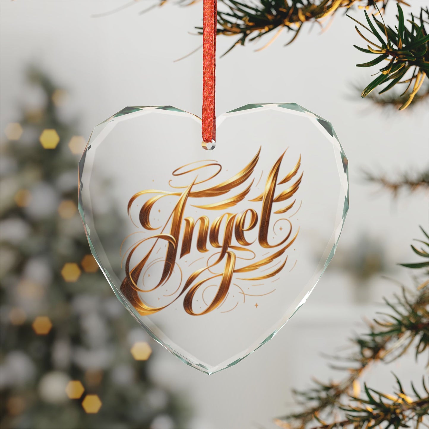 Crystal Heart Ornament — Gold 'Angel' Calligraphy Keepsake