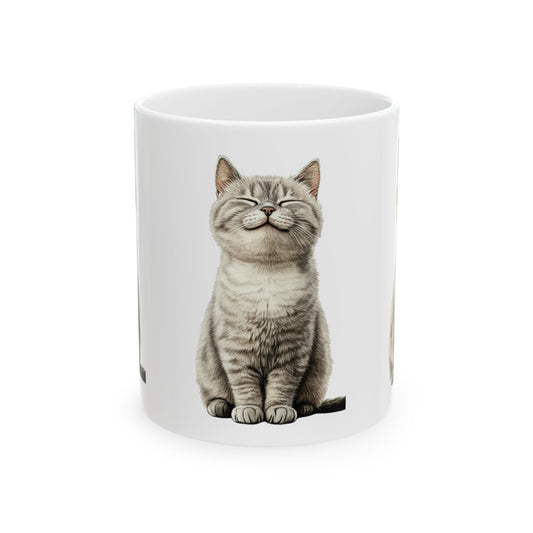 Smiling Grey Tabby Cat Ceramic Mug — Cute Cat Lover Coffee Cup (11oz & 15oz)
