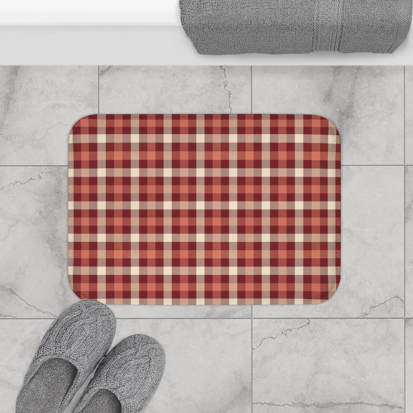 Cozy Rustic Plaid Bath Mat - Farmhouse Bathroom Decor, Non-Slip Shower Rug, Home Gift, Gingham Print, Country Style