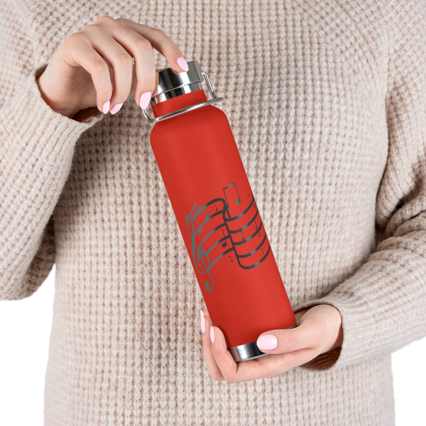 22oz Insulated Water Bottle — Red Musical Notes Stainless Steel Vacuum Bottle
