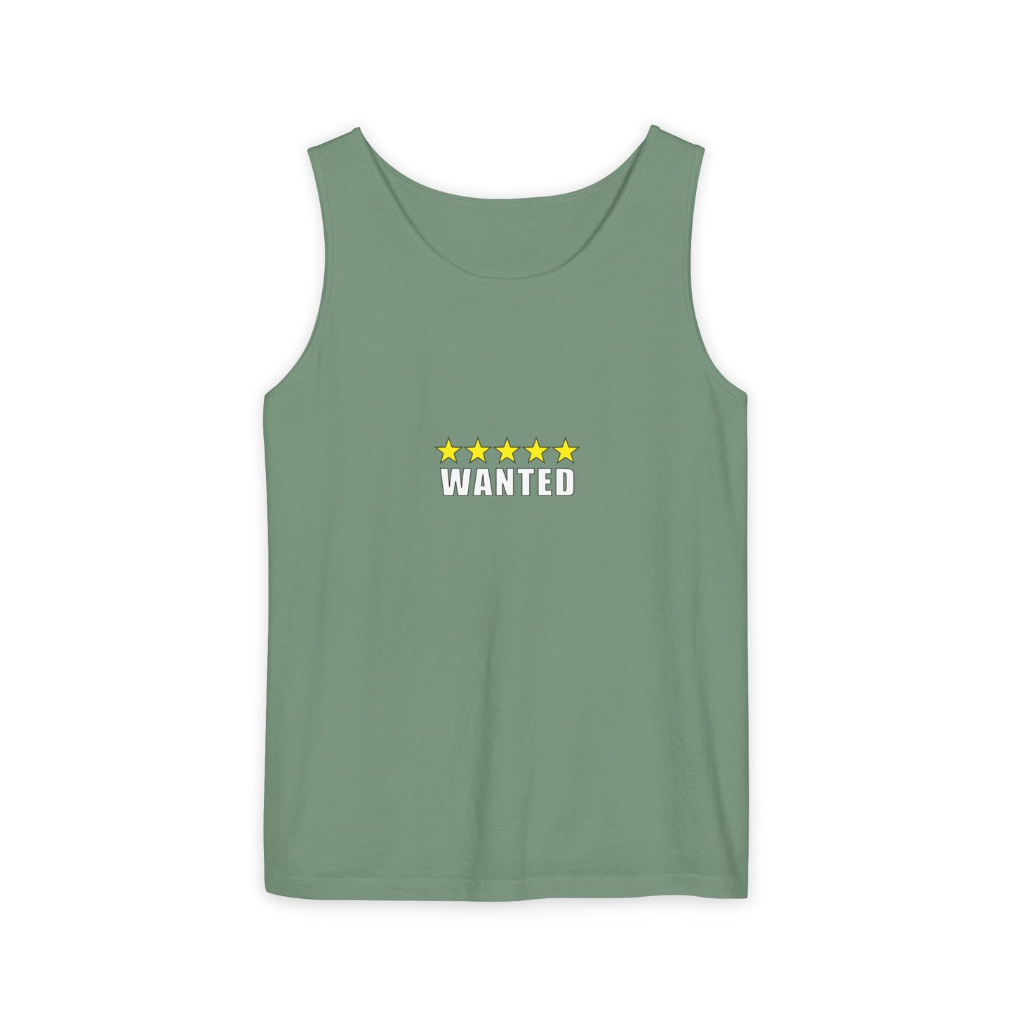 5-Star "WANTED" Garment-Dyed Tank Top, Unisex Summer Shirt, Gift for Him/Her, Trendy Casual Wear, Pool Party Outfit, Unique Graphic Tee