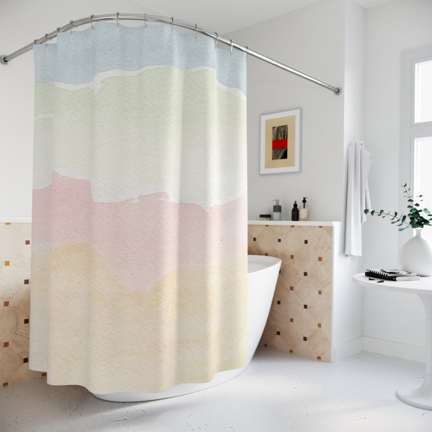 Pastel Waves Shower Curtain — Coastal Watercolor Bathroom Decor