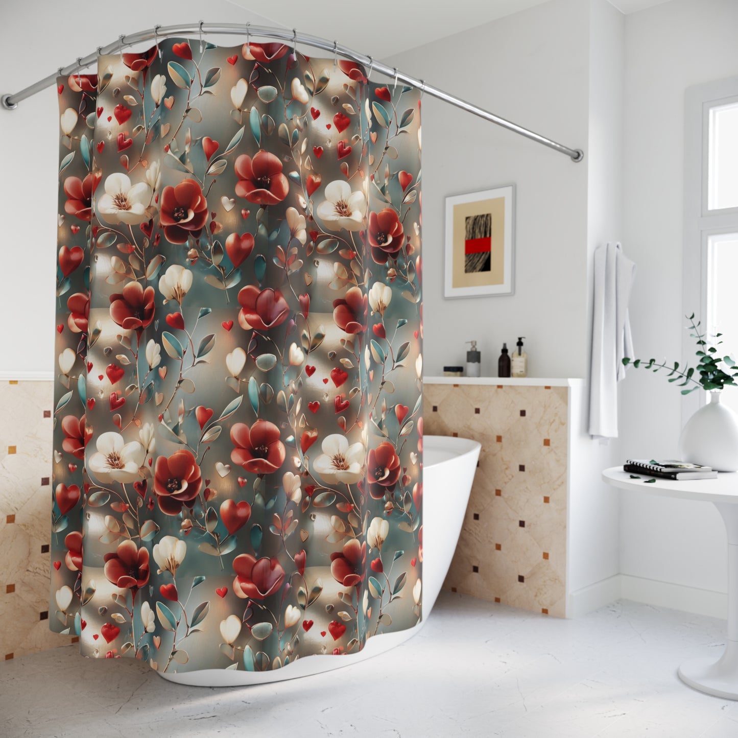 Floral Hearts Shower Curtain — Romantic Red & Cream Blossom Bathroom Decor