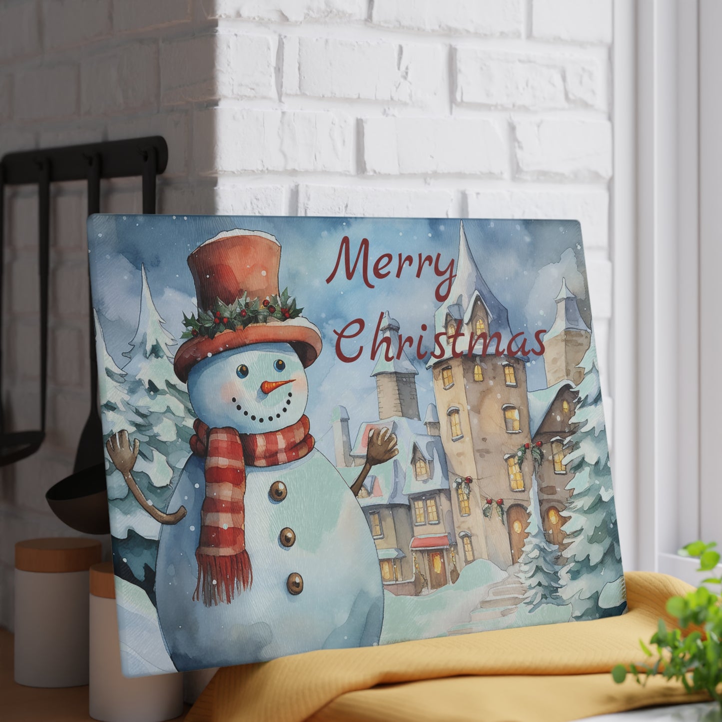 Merry Christmas Snowman Glass Cutting Board – Festive Holiday Kitchen Decor