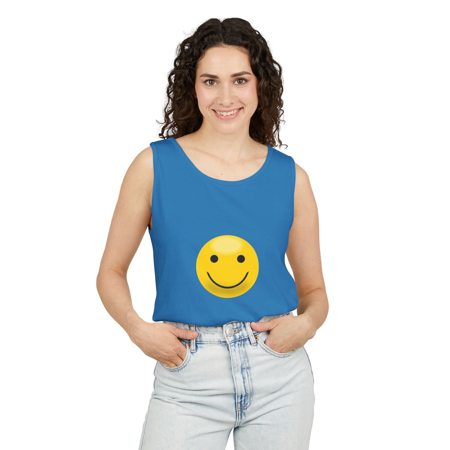 Smiley Face Tank Top, Summer Shirt, Casual Wear, Beach Outing, Gift for Friends, Positive Vibes Apparel