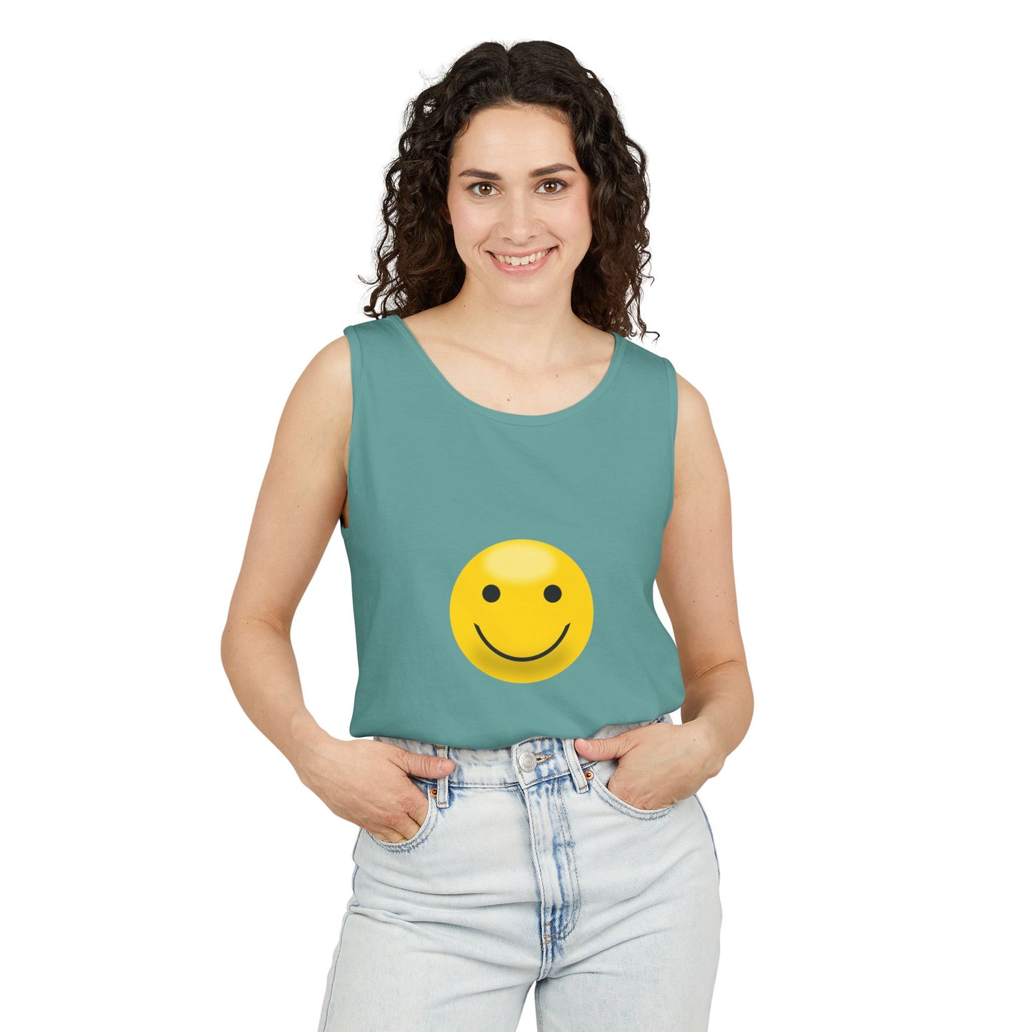 Smiley Face Tank Top, Summer Shirt, Casual Wear, Beach Outing, Gift for Friends, Positive Vibes Apparel